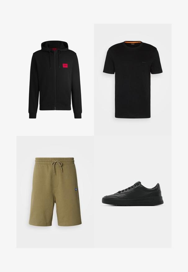 Melnā pieguļošā jaka ar rāvējslēdzēju, izgatavota no mīksta auduma, ar sarkanu taisnstūra formas logo uz kreisā krūtīm un regulējamu kapuci.; Melnā T-kreklu ar īsām piedurknēm, kas izgatavots no mīksta auduma, ar apaļu kakla izgriezumu un diskrētu logotipu priekšpusē. Iekšējā apkakle ar oranžu akcentu.; Olivkrāsas sporta šorti, izgatavoti no mīkstas kokvilnas maisījuma, ar elastīgu jostasvietu un auklu, sānu kabatām un logotipa uzšuvumu.; Melnās kedas ar gludu ādas augšpusi, apaļu purngalu, plakaniem šņorēm, mīkstinātu apkakli un minimālistisku dizainu. Gumijas zole ar smalku rakstu.