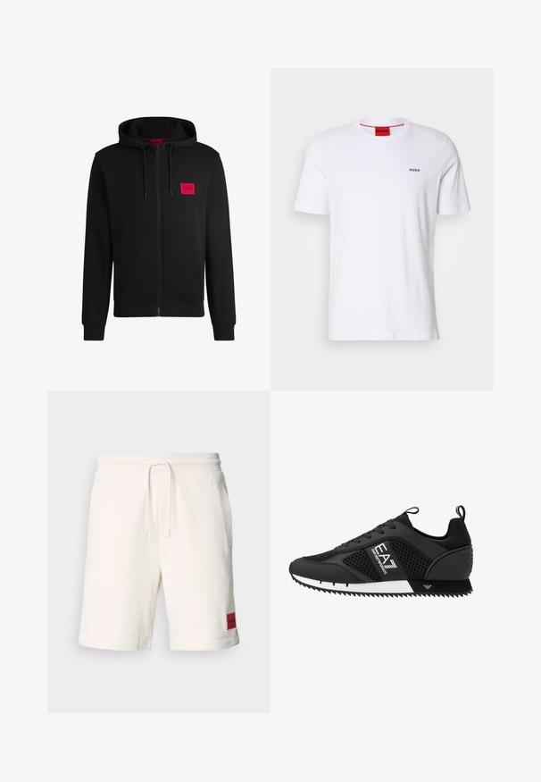 Sudadera negra con cremallera hecha de un tejido suave, con un parche rectangular rojo en el lado izquierdo del pecho y capucha con cordón.; Camiseta de algodón blanca de mangas cortas, con un escote redondo y pequeño logo negro "HUGO" en el lado izquierdo del pecho. Presenta una etiqueta en el cuello interior de color rojo.; Shorts de algodón color crema con una cintura elástica, cordón de ajuste y bolsillos laterales. Presenta un parche de marca rojo en el muslo izquierdo.; EA7 Emporio Armani Zapatillas - black/white