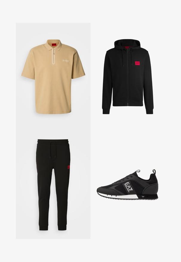 Fekete zipzáras kapucnis pulóver, puha anyagból készült, bal mellen piros téglalap alakú logóval és állítható kapucnival.; Beige pólóing fél cipzárral, rövid ujjakkal és fehér logóval. Simább anyagból készült, klasszikus gallér kialakítással.; Fekete melegítőnadrág puha anyagból, húzózsinóros derékkal, slim fit kialakítással, és egy piros logóval a bal combon.; EA7 Emporio Armani Sportcipő - black/white