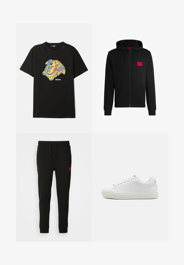 Černá zipová mikina vyrobená z měkké tkaniny, s červeným obdélníkovým logem na levé hrudi a kapucí na šňůrku.; Černé bavlněné tričko s barevným grafickým motivem tváře v modré a žluté barvě, s nápisem "VERSACE" pod ním. Standardní kulatý výstřih a krátké rukávy.; Černé teplákové kalhoty vyrobené z měkké tkaniny, s elastickým pasem na šňůrku, úzkým střihem a červenou nášivkou loga na levém stehně.; Bílé tenisky s hladkým koženým svrškem, plochými tkaničkami a vzorovanou gumovou podrážkou s geometrickým designem. Diskrétní akcent loga na boku.