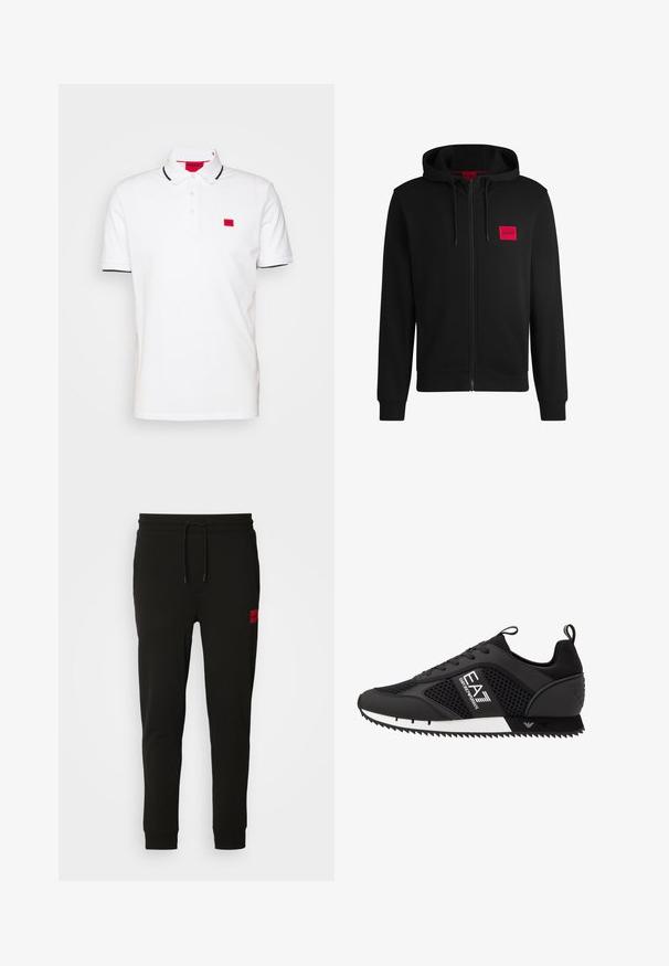 Schwarze Zip-Hoodie aus weichem Stoff, mit einem roten rechteckigen Logo-Patch auf der linken Brust und Kapuze mit Kordelzug.; Weißes Poloshirt mit schwarzem Saum, Knopfverschluss und einem kleinen roten Logopatch auf der linken Brust. Aus Baumwolle, mit kurzen Ärmeln.; Schwarze Sweatpants aus weichem Stoff, mit einem Kordelzugbund, schmaler Passform und einem rotenLOGO-Patch am linken Oberschenkel.; EA7 Emporio Armani Sneaker low - black/white