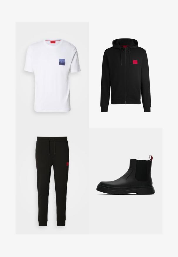Hanorac negru cu fermoar, fabricat dintr-un material moale, cu un patch rectangular roșu pe pieptul stâng și glugă cu șnur.; Tricou alb din bumbac, cu mâneci scurte, având un buzunar dreptunghiular pe piept în nuanțe de albastru și violet, care afișează logo-ul "HUGO" în alb. Etichetă roșie la guler.; Pantaloni de trening negri, confecționați dintr-un material moale, cu talie ajustabilă prin șnur, croi slim și un logo roșu pe coapsa stângă.; Botine negre până la gleznă, cu un finisaj neted, panouri laterale elastice și un tab de prindere roșu contrastant, având o talpă groasă din cauciuc și vârf rotunjit.