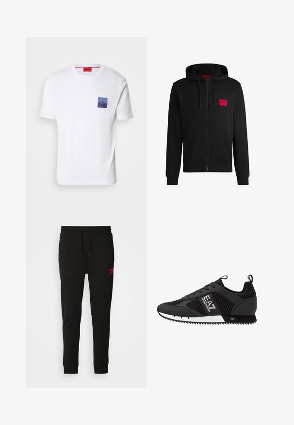 Černá zipová mikina vyrobená z měkké tkaniny, s červeným obdélníkovým logem na levé hrudi a kapucí na šňůrku.; Bílá bavlněná tričko s krátkým rukávem, se modrým a fialovým čtvercovým kapsičkou na hrudi, na které je bílým písmem logo "HUGO". Červená visačka na krku.; Černé teplákové kalhoty vyrobené z měkké tkaniny, s elastickým pasem na šňůrku, úzkým střihem a červenou nášivkou loga na levém stehně.; EA7 Emporio Armani LACES UNISEX - Tenisky - black/white