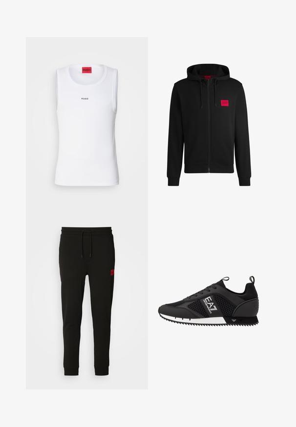 Mustmust sinine kapuutsiga ja pehme kangaga, millel on vasakul rinnal punane ristkülikukujuline logo ja nööriga kapuuts.; Valge kampsun, mis on valmistatud venivast kangast, ringkraega, ilma varrukateta, ning esiküljel on väike must "HUGO" logo.; Musta trenningpükste komplekt, mis on valmistatud pehmest kangast, jooned paisutamiseks, kitsas lõige ja punane logopatch vasakul reiel.; EA7 Emporio Armani LACES UNISEX - Tossud - black/white