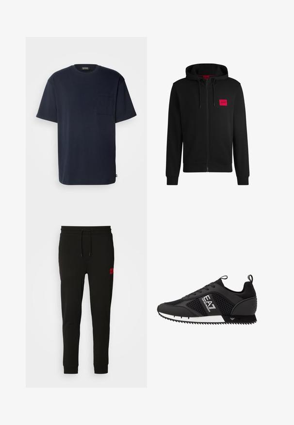 Fekete zipzáras kapucnis pulóver, puha anyagból készült, bal mellen piros téglalap alakú logóval és állítható kapucnival.; Sötétkék, rövid ujjú póló, puha pamutból készült. Mellzsebe van, ellazult fazonú, ívelt aljjal. Klasszikus kerek nyakkivágás.; Fekete melegítőnadrág puha anyagból, húzózsinóros derékkal, slim fit kialakítással, és egy piros logóval a bal combon.; EA7 Emporio Armani LACES UNISEX - Sportcipő - black/white
