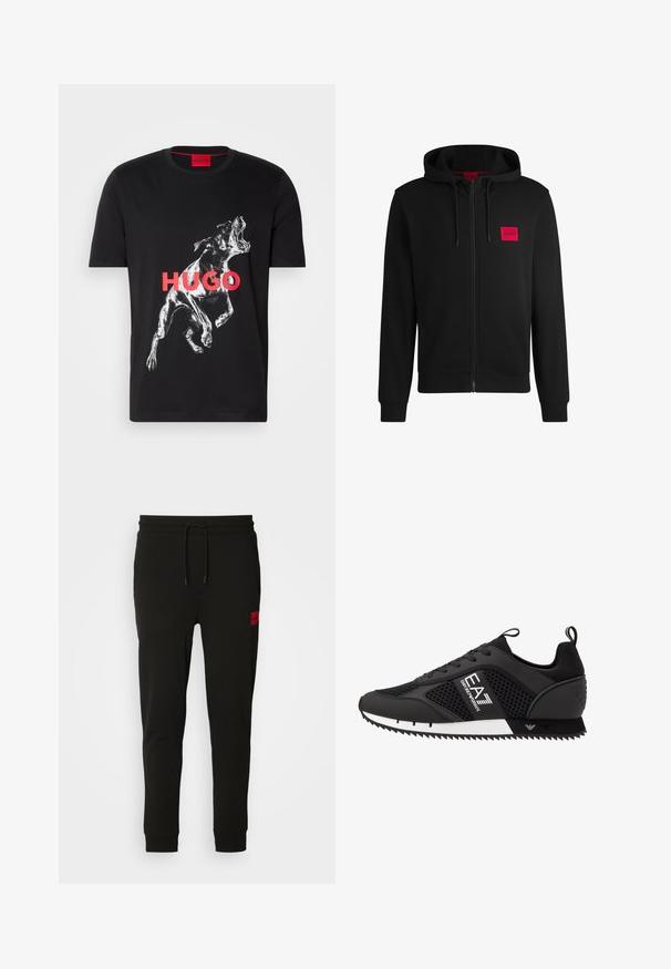 Mustmust sinine kapuutsiga ja pehme kangaga, millel on vasakul rinnal punane ristkülikukujuline logo ja nööriga kapuuts.; Must musta T-särk musta värviga, millel on valge graafika koerast, kes on keset haukamist, ja sõna "HUGO" rasvaste punaste tähtedega ees.; Musta trenningpükste komplekt, mis on valmistatud pehmest kangast, jooned paisutamiseks, kitsas lõige ja punane logopatch vasakul reiel.; EA7 Emporio Armani Tossud - black/white