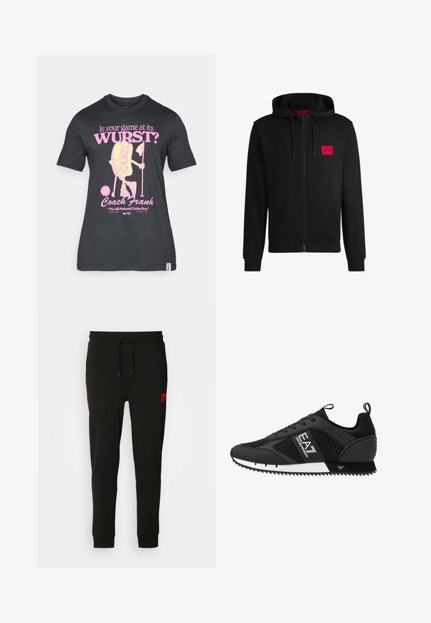Crna zip-up dukserica napravljena od mekanog materijala, s crvenim pravokutnim logotipom na lijevoj strani prsnog koša i kapuljačom s vezicom.; Crna pamučna majica s razigranom grafikom lika hotdoga u ružičastoj boji, s tekstom o golfu i treneru Franku. Kraće rukave i okrugli izrez.; Crne trenirke od mekanog materijala, s elastičnim pojasom, slim fit krojem i crvenom logotip om na lijevom bedru.; EA7 Emporio Armani LACES UNISEX - Tenisice - black/white