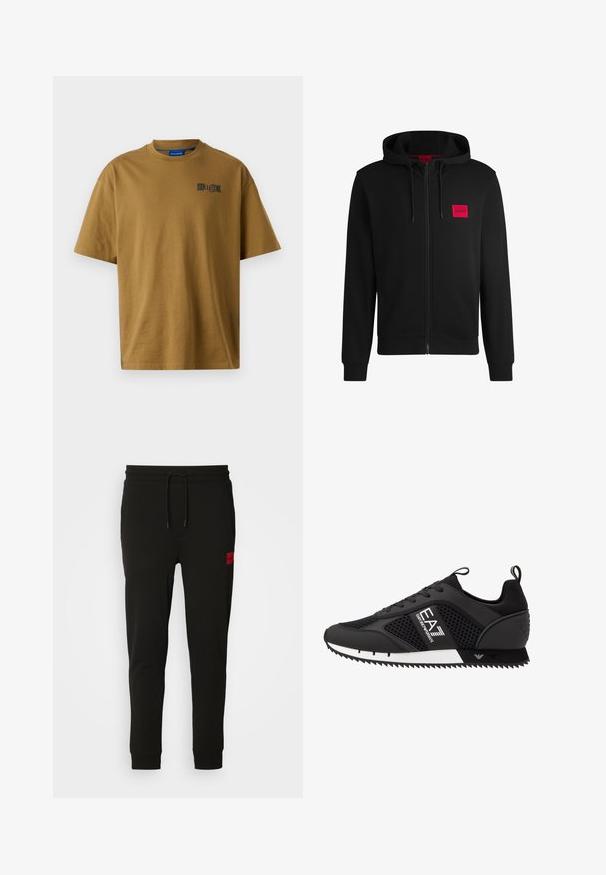 Černá zipová mikina vyrobená z měkké tkaniny, s červeným obdélníkovým logem na levé hrudi a kapucí na šňůrku.; Hnědé bavlněné tričko s kulatým výstřihem, krátkými rukávy a malým černým logem na levé části hrudi. Hladká textura.; Černé teplákové kalhoty vyrobené z měkké tkaniny, s elastickým pasem na šňůrku, úzkým střihem a červenou nášivkou loga na levém stehně.; EA7 Emporio Armani LACES UNISEX - Tenisky - black/white