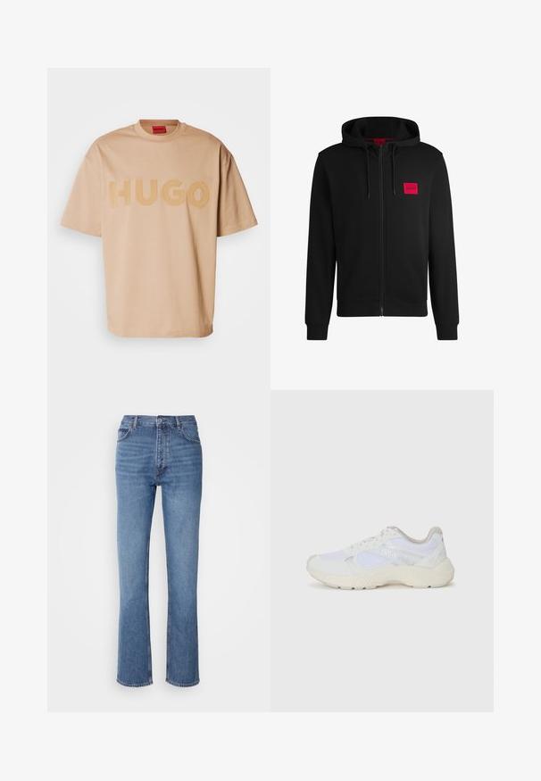 Melnā pieguļošā jaka ar rāvējslēdzēju, izgatavota no mīksta auduma, ar sarkanu taisnstūra formas logo uz kreisā krūtīm un regulējamu kapuci.; Persiku krāsas pārspīlēts T-krekls, izgatavots no mīksta kokvilnas, ar izliekto "HUGO" logotipu centrā. Īsām piedurknēm un apaļu kakla izgriezumu.; Zilā denima bikses ar augstu jostasvietu, taisnas kājas dizainu un vieglu nolietojumu. Satur klasisku piecu kabatu stilu un ar rāvējslēdzēju aizdari.; Baltas sporta apavi, kas izgatavoti no sieta un zamšāda, ar teksturētu starpzoli, teksturētām akcentēm un "HUGO" logo sānos.