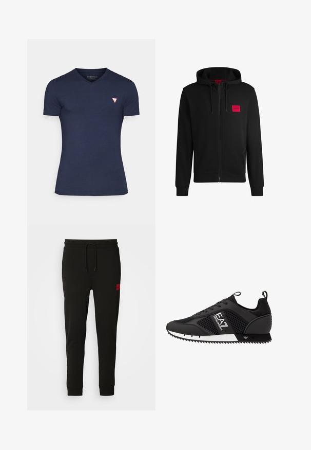 Melnā pieguļošā jaka ar rāvējslēdzēju, izgatavota no mīksta auduma, ar sarkanu taisnstūra formas logo uz kreisā krūtīm un regulējamu kapuci.; Navy zils īsām piedurknēm V-veida kakla T-krekls, izgatavots no mīksta kokvilnas auduma. Kreklam ir neliela sarkana trīsstūra logo kreisajā krūtīs. Gluda tekstūra.; Melni sporta bikses, kas izgatavotas no mīksta auduma, ar regulējamu jostasvietu, šauru piegriezumu un sarkanu logo uz kreisā augšstilba.; EA7 Emporio Armani LACES UNISEX - Treniņu apavi - black/white
