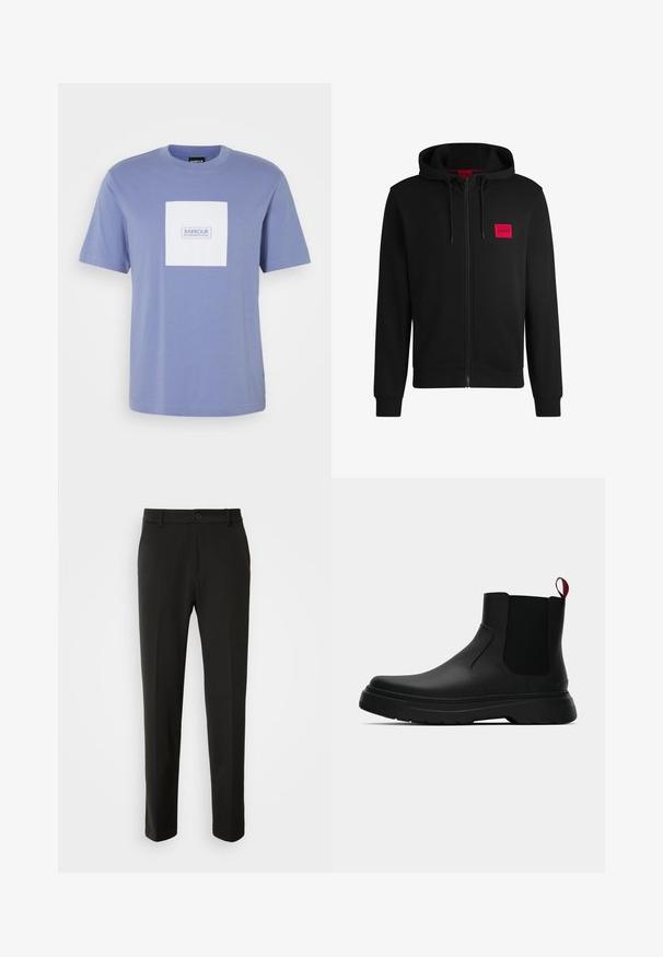 Moleton preto com fecho, feito de um tecido suave, apresentando um patch de logo retangular vermelho no lado esquerdo do peito e capuz com cordão.; T-shirt de algodão azul claro com um retângulo branco mostrando "BARBOUR INTERNATIONAL" em texto azul. Decote redondo e mangas curtas.; Calças pretas feitas de tecido liso, com pernas retas, fecho com botão e um design clássico adequado para vestuário formal ou casual.; Botim preto até ao tornozelo com um acabamento liso, painéis laterais elásticos e uma pega vermelha em contraste, com uma sola de borracha espessa e bico arredondado.