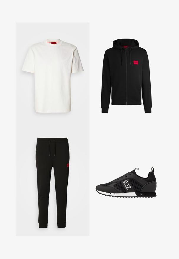 Hanorac negru cu fermoar, fabricat dintr-un material moale, cu un patch rectangular roșu pe pieptul stâng și glugă cu șnur.; Tricou ușor din bumbac alb, cu guler rotund, mâneci scurte și un logo brodat subtil pe piept, având o textură netedă.; Pantaloni de trening negri, confecționați dintr-un material moale, cu talie ajustabilă prin șnur, croi slim și un logo roșu pe coapsa stângă.; EA7 Emporio Armani LACES UNISEX - Sneakers low - black/white