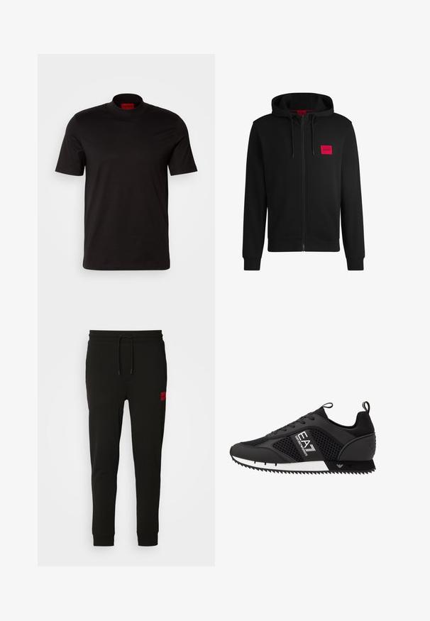 Μαύρο φούτερ με φερμουάρ φτιαγμένο από μαλακό ύφασμα, με κόκκινο ορθογώνιο λογότυπο στη αριστερή πλευρά του στήθους και κουκούλα με κορδόνι.; Μαύρη κοντομάνικη μπλούζα με ψηλό λαιμό. Κατασκευασμένη από απαλό ύφασμα. Διαθέτει ετικέτα μάρκας σε κόκκινο χρώμα στη μέσα πλευρά του κολάρου.; Μαύρο φούτερ παντελόνι από μαλακό ύφασμα, με κορδόνι στη μέση, εφαρμογή slim και κόκκινο λογότυπο στη αριστερή μηριαία περιοχή.; EA7 Emporio Armani LACES UNISEX - Αθλητικά παπούτσια - black/white