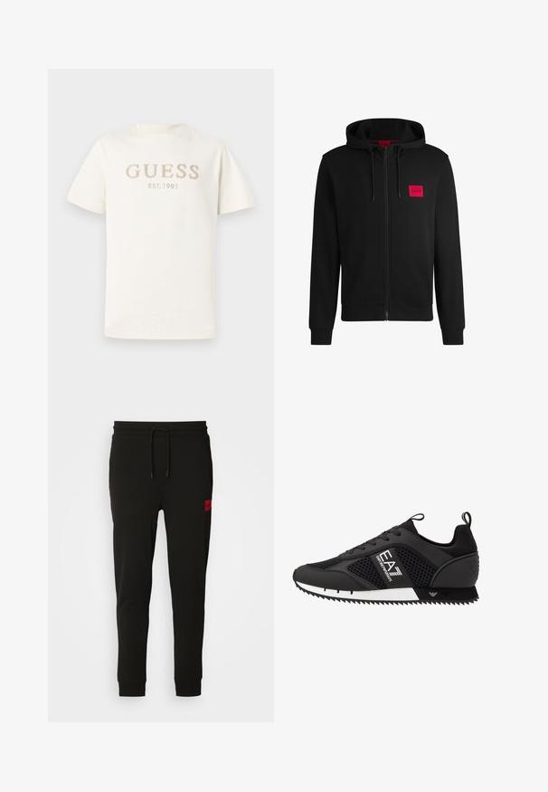 Black zip-up hoodie made of soft fabric, featuring a red rectangular logo patch on the left chest and drawstring hood.; White short-sleeved t-shirt made of soft cotton, featuring embossed "GUESS" and "EST. 1981" in light beige on the front.; Black sweatpants made of soft fabric, featuring a drawstring waist, slim fit, and a red logo patch on the left thigh.; EA7 Emporio Armani Trainers - black/white