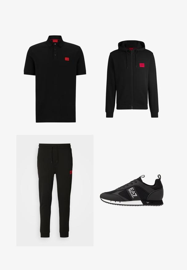 Černá zipová mikina vyrobená z měkké tkaniny, s červeným obdélníkovým logem na levé hrudi a kapucí na šňůrku.; Černé polo tričko s krátkými rukávy, žebrovaným límcem, zapínáním na tři knoflíky a červeným logem na levém prsu. Měkká, hladká tkanina.; Černé teplákové kalhoty vyrobené z měkké tkaniny, s elastickým pasem na šňůrku, úzkým střihem a červenou nášivkou loga na levém stehně.; EA7 Emporio Armani LACES UNISEX - Tenisky - black/white