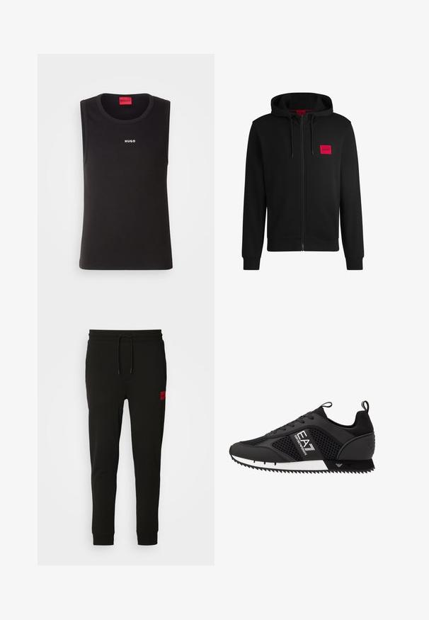 Czarny rozpinany hoodie wykonany z miękkiego materiału, z czerwoną prostokątną naszywką logo na lewej piersi i kapturem ze sznurkiem.; Czarna bezrękawnikowa koszulka z miękkiej bawełny, z okrągłym dekoltem i białym logo "HUGO" z przodu. Prosty i dopasowany krój.; Czarne dresy wykonane z miękkiej tkaniny, z gumką w talii, dopasowanej sylwetce i czerwoną łatą z logo na lewej udzie.; EA7 Emporio Armani BLACK&WHITE LACES czarny