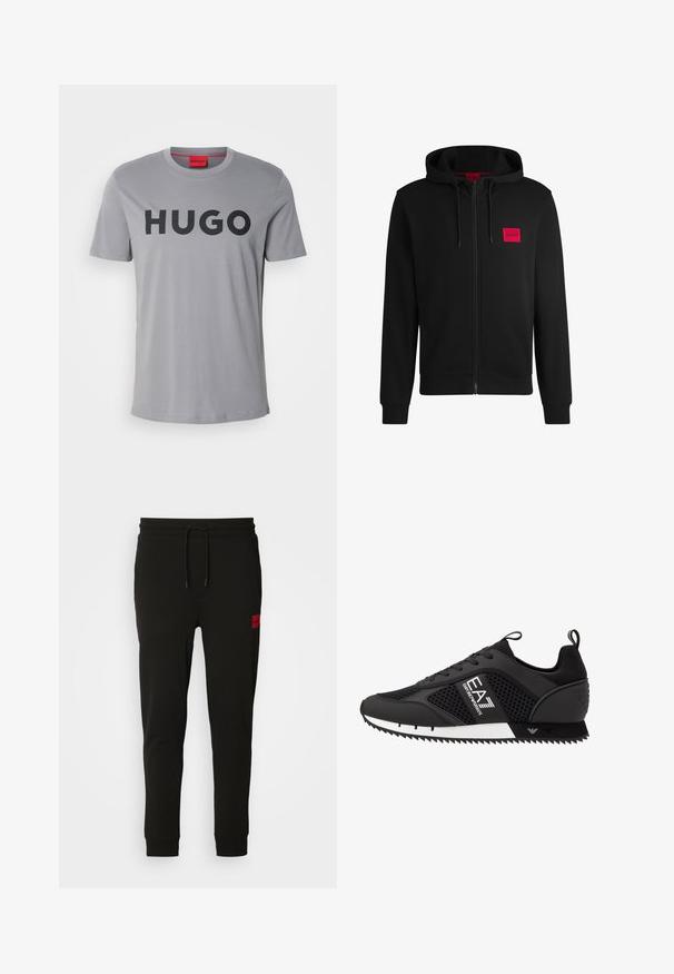 Černá zipová mikina vyrobená z měkké tkaniny, s červeným obdélníkovým logem na levé hrudi a kapucí na šňůrku.; HUGO DULIVIO - Triko s potiskem - medium grey; Černé teplákové kalhoty vyrobené z měkké tkaniny, s elastickým pasem na šňůrku, úzkým střihem a červenou nášivkou loga na levém stehně.; EA7 Emporio Armani Tenisky - black/white