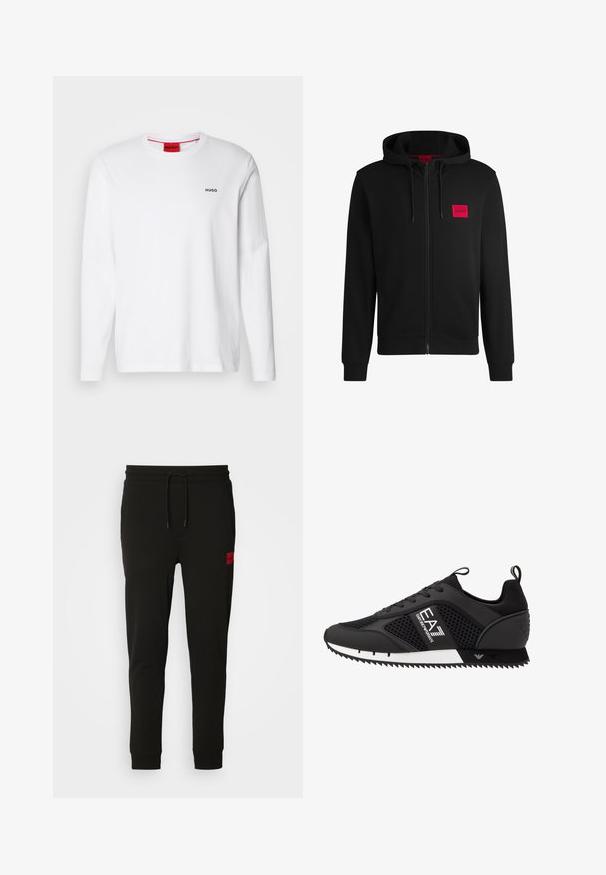 Črna zip-up kapuca iz mehkega blaga, z rdečim pravokotnim logotipom na levi strani prsnega koša in kapuco s vrvico.; Bela srajca z dolgimi rokavi, izdelana iz bombaža, z okroglim izrezom, črnim logotipom "HUGO" na levem prsnem delu in gladko teksturo.; Črne trenirke iz mehkega blaga, z vrvico v pasu, ozkega kroja in rdečim logotipom na levem stegnu.; EA7 Emporio Armani LACES UNISEX - Športni copati - black/white