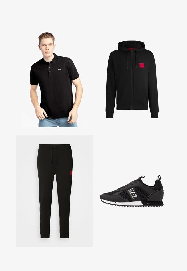 Μαύρο φούτερ με φερμουάρ φτιαγμένο από μαλακό ύφασμα, με κόκκινο ορθογώνιο λογότυπο στη αριστερή πλευρά του στήθους και κουκούλα με κορδόνι.; Μαύρο πόλο μπλουζάκι με περιλαίμιο, κοντά μανίκια και τρία κουμπιά. Διαθέτει λευκό λογότυπο "HUGO" στο αριστερό στήθος. Μαλακό βαμβακερό υλικό.; Μαύρο φούτερ παντελόνι από μαλακό ύφασμα, με κορδόνι στη μέση, εφαρμογή slim και κόκκινο λογότυπο στη αριστερή μηριαία περιοχή.; EA7 Emporio Armani LACES UNISEX - Αθλητικά παπούτσια - black/white