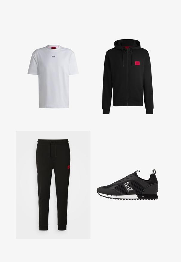 Fekete zipzáras kapucnis pulóver, puha anyagból készült, bal mellen piros téglalap alakú logóval és állítható kapucnival.; Fehér, rövid ujjú, kerek nyakú pamut póló, fekete "HUGO" logóval a mellkason. Simára ölbe simuló anyag, laza fazon, minta nélkül.; Fekete melegítőnadrág puha anyagból, húzózsinóros derékkal, slim fit kialakítással, és egy piros logóval a bal combon.; EA7 Emporio Armani Sportcipő - black/white