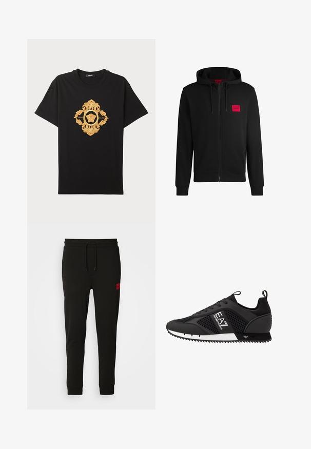 Melnā pieguļošā jaka ar rāvējslēdzēju, izgatavota no mīksta auduma, ar sarkanu taisnstūra formas logo uz kreisā krūtīm un regulējamu kapuci.; Melna kokvilnas T-kreklu ar greznu zelta izšuvumu, kas iekļauj centrālo Medūzas emblēmu un sarežģītus akcentus. Īsas piedurknes, apaļa kakla izgriezums.; Melni sporta bikses, kas izgatavotas no mīksta auduma, ar regulējamu jostasvietu, šauru piegriezumu un sarkanu logo uz kreisā augšstilba.; EA7 Emporio Armani LACES UNISEX - Treniņu apavi - black/white