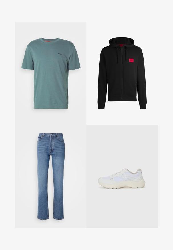 Černá zipová mikina vyrobená z měkké tkaniny, s červeným obdélníkovým logem na levé hrudi a kapucí na šňůrku.; Zelené bavlněné tričko s kulatým výstřihem, krátkými rukávy a malým námořnickým logem na prsou. Hladká textura a standardní střih.; Modré denimové džíny s vysokým pasem, rovnými nohavicemi a jemným vyblednutím. Mají klasický pětikusový styl a zapínání na zip.; Bílé sportovní boty vyrobené z síťoviny a semiše, s texturovanou mezipodešví, texturovanými akcenty a logem "HUGO" na boku.