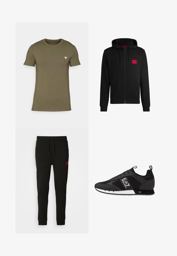 Črna zip-up kapuca iz mehkega blaga, z rdečim pravokotnim logotipom na levi strani prsnega koša in kapuco s vrvico.; T-shirt z kratkimi rokavi olivno zelene barve, izdelan iz bombaža. Ima okroglo ovratnico in majhen rdeč trikotni logotip na levem prsnem delu. Gladka tekstura.; Črne trenirke iz mehkega blaga, z vrvico v pasu, ozkega kroja in rdečim logotipom na levem stegnu.; EA7 Emporio Armani Športni copati - black/white