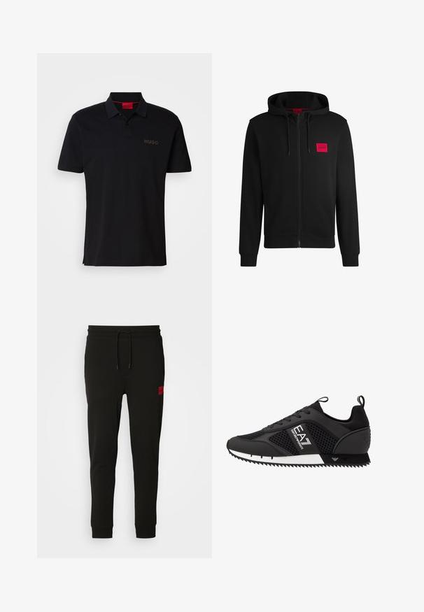 Černá zipová mikina vyrobená z měkké tkaniny, s červeným obdélníkovým logem na levé hrudi a kapucí na šňůrku.; Černé polo tričko vyrobené z bavlny s dvouknoflíkovou légu, krátkými rukávy a decentním vyšívaným logem "HUGO" na hrudi v tmavším odstínu.; Černé teplákové kalhoty vyrobené z měkké tkaniny, s elastickým pasem na šňůrku, úzkým střihem a červenou nášivkou loga na levém stehně.; EA7 Emporio Armani Tenisky - black/white