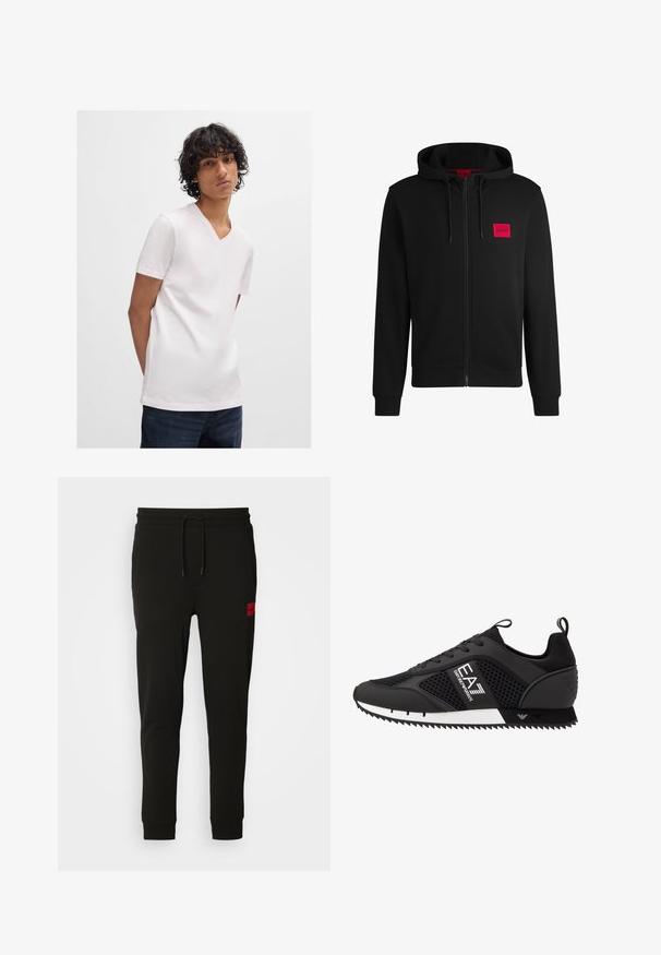 Melnā pieguļošā jaka ar rāvējslēdzēju, izgatavota no mīksta auduma, ar sarkanu taisnstūra formas logo uz kreisā krūtīm un regulējamu kapuci.; Balta īsām piedurknēm V-veida kakla T-krekls, izgatavots no gludas, vieglas auduma, kombinēts ar tumšiem džinsu biksēm. Vienkāršs dizains, nav redzamu rakstu.; Melni sporta bikses, kas izgatavotas no mīksta auduma, ar regulējamu jostasvietu, šauru piegriezumu un sarkanu logo uz kreisā augšstilba.; EA7 Emporio Armani LACES UNISEX - Treniņu apavi - black/white