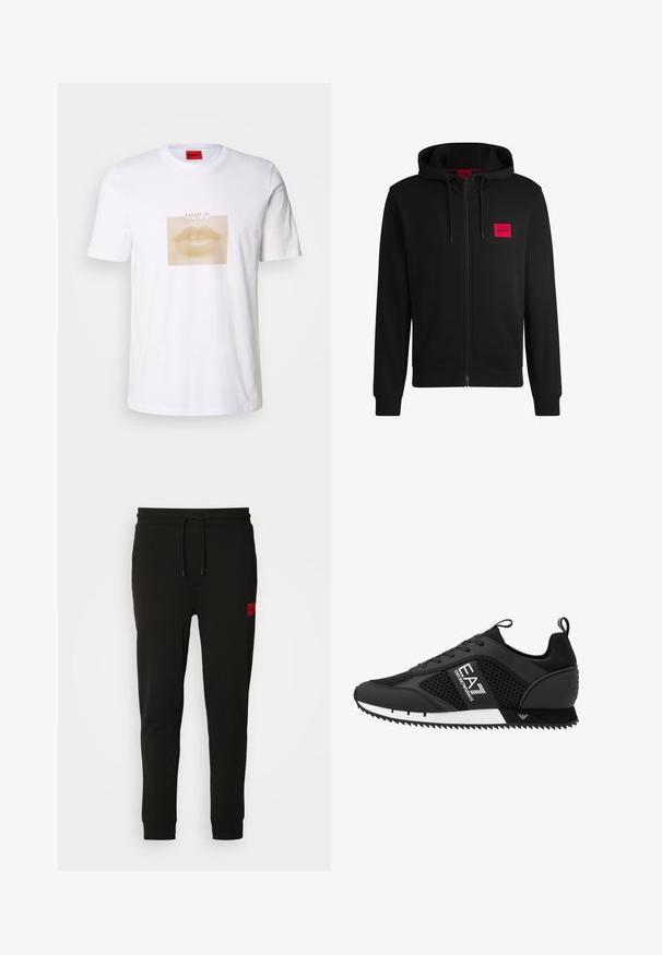 Juodas zip-up hoodie, pagamintas iš minkštos medžiagos, su raudonu stačiakampiu logotipo emblema kairiajame krūtinės šone ir su reguliuojama kapuce.; Balta medvilninė marškinėlių su dideliu, smėlio spalvos lūpų grafinu, esantį taškuoto kvadrato viduje, su "HUGO" tekstu virš dizaino.; Juodos sportinės kelnės, pagamintos iš minkštos medžiagos, su raišteliu juosmens srityje, siaura fasonu ir raudonu logotipo ženkleliu kairėje šlaunyje.; EA7 Emporio Armani LACES UNISEX - Sportbačiai - black/white