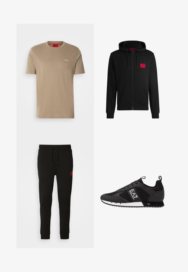 Mustmust sinine kapuutsiga ja pehme kangaga, millel on vasakul rinnal punane ristkülikukujuline logo ja nööriga kapuuts.; Beezist puuvillane T-särk ümmarguse kaelusega, lühikeste varrukatega, ning rindkerel väike roheline "HUGO" logo. Sile tekstuur, mugav lõige.; Musta trenningpükste komplekt, mis on valmistatud pehmest kangast, jooned paisutamiseks, kitsas lõige ja punane logopatch vasakul reiel.; EA7 Emporio Armani Tossud - black/white