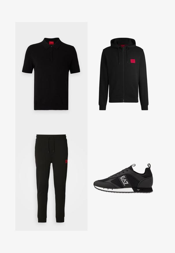 Fekete zipzáras kapucnis pulóver, puha anyagból készült, bal mellen piros téglalap alakú logóval és állítható kapucnival.; Fekete pólóing, sima pamutból készült. Klasszikus gallérral, rövid ujjakkal rendelkezik, és egy piros címke található a nyaknál. Nincsenek minták vagy kiemelések.; Fekete melegítőnadrág puha anyagból, húzózsinóros derékkal, slim fit kialakítással, és egy piros logóval a bal combon.; EA7 Emporio Armani Sportcipő - black/white