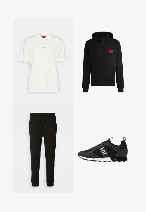 Czarny rozpinany hoodie wykonany z miękkiego materiału, z czerwoną prostokątną naszywką logo na lewej piersi i kapturem ze sznurkiem.; HUGO DANGULA biały; Czarne dresy wykonane z miękkiej tkaniny, z gumką w talii, dopasowanej sylwetce i czerwoną łatą z logo na lewej udzie.; EA7 Emporio Armani BLACK&WHITE LACES czarny