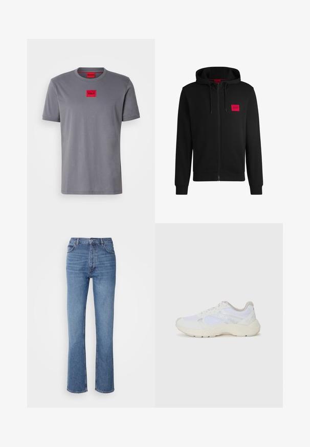 Sort zip-hoodie lavet af blødt stof, med et rødt rektangulært logo patch på venstre bryst og hætte med snore.; Grå kortærmet T-shirt lavet af bomuld, med et lille rødt rektangulært logo med "HUGO" centreret på brystet. Rund halsudskæring.; Blå denimjeans med høj talje, lige ben-design og subtilt slid. Har klassisk fem-lommers stil og lynlås lukning.; Hvide sportssko lavet af mesh og ruskind, med en struktureret mellemsål, strukturerede detaljer og "HUGO"-logoet på siden.