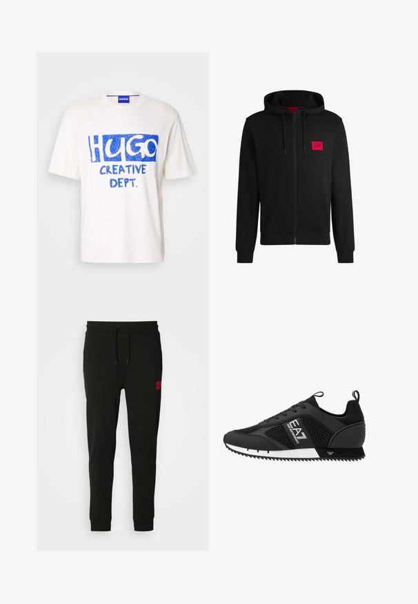 Mustmust sinine kapuutsiga ja pehme kangaga, millel on vasakul rinnal punane ristkülikukujuline logo ja nööriga kapuuts.; Valge puuvillane T-särk, mille esipaneelil on sinine graafiline tekst "HUGO" ja "CREATIVE DEPT.", lühikesed varrukad ja ümmargune kaelus.; Musta trenningpükste komplekt, mis on valmistatud pehmest kangast, jooned paisutamiseks, kitsas lõige ja punane logopatch vasakul reiel.; EA7 Emporio Armani LACES UNISEX - Tossud - black/white