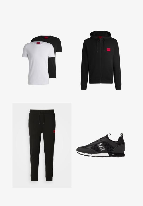 Sort zip-hoodie lavet af blødt stof, med et rødt rektangulært logo patch på venstre bryst og hætte med snore.; To bomulds T-shirts, en hvid og en sort, med korte ærmer og rund halsudskæring, med et fremtrædende rødt mærke ved kraven.; Sorte sweatpants lavet af blødt stof, med elastik i taljen, slim fit og et rødt logo-patch på venstre lår.; EA7 Emporio Armani LACES UNISEX - Sneakers - black/white