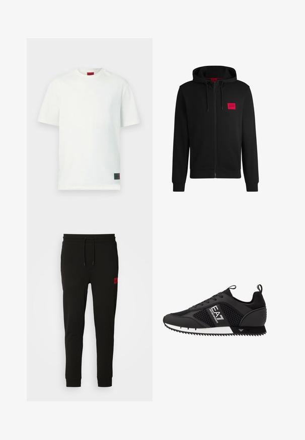 Melnā pieguļošā jaka ar rāvējslēdzēju, izgatavota no mīksta auduma, ar sarkanu taisnstūra formas logo uz kreisā krūtīm un regulējamu kapuci.; Balts kokvilnas T-krekls ar apaļu izgriezumu, īsām piedurknēm un sarkanu logotipa birku apakšējā kreisajā pusē. Gluda tekstūra, standarta piegriezums.; Melni sporta bikses, kas izgatavotas no mīksta auduma, ar regulējamu jostasvietu, šauru piegriezumu un sarkanu logo uz kreisā augšstilba.; EA7 Emporio Armani Treniņu apavi - black/white