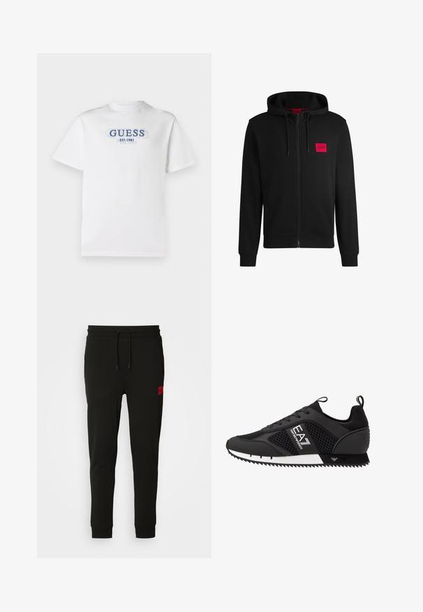 Moleton preto com fecho, feito de um tecido suave, apresentando um patch de logo retangular vermelho no lado esquerdo do peito e capuz com cordão.; T-shirt branca de manga curta com o texto azul em camadas "GUESS EST. 1981" centrado no peito.; Calças de treino pretas feitas de um tecido macio, com cintura elástica ajustável, ajuste slim e um emblema vermelho na coxa esquerda.; EA7 Emporio Armani LACES UNISEX - Sapatilhas - black/white