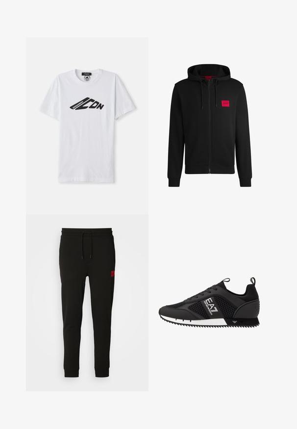 Black zip-up hoodie made of soft fabric, featuring a red rectangular logo patch on the left chest and drawstring hood.; White cotton t-shirt with short sleeves and a round neckline. Features a black graphic logo, "DSQUARED2 CDN," across the chest.; Black sweatpants made of soft fabric, featuring a drawstring waist, slim fit, and a red logo patch on the left thigh.; EA7 Emporio Armani LACES UNISEX - Trainers - black/white