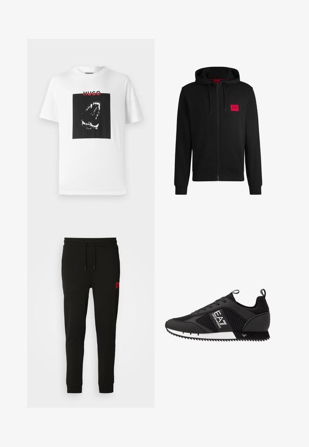 Moleton preto com fecho, feito de um tecido suave, apresentando um patch de logo retangular vermelho no lado esquerdo do peito e capuz com cordão.; Camiseta de algodão branca com um grande gráfico quadrado preto, apresentando uma ilustração de boca estilizada e texto em vermelho "HUGO" acima.; Calças de treino pretas feitas de um tecido macio, com cintura elástica ajustável, ajuste slim e um emblema vermelho na coxa esquerda.; EA7 Emporio Armani Sapatilhas - black/white