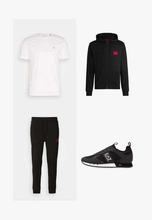 Hoodie zippé noir en tissu doux, avec un patch logo rectangulaire rouge sur la poitrine gauche et une capuche avec cordon de serrage.; T-shirt en coton blanc avec un col rond, des manches courtes et un petit logo brodé sur la poitrine. Texture douce, design simple.; Pantalons de survêtement noirs en tissu doux, avec une taille à cordon, coupe slim et un patch logo rouge sur la cuisse gauche.; EA7 Emporio Armani Baskets basses - black/white