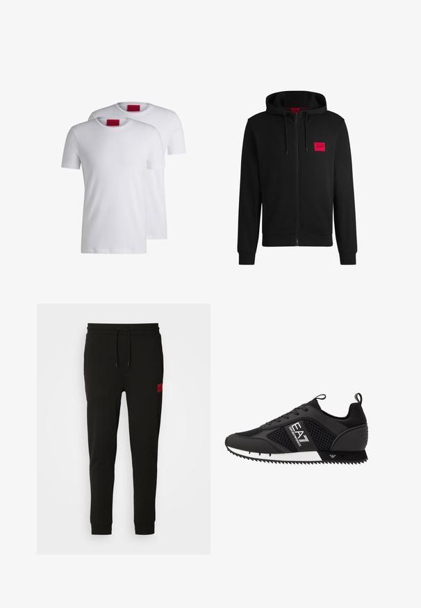 Črna zip-up kapuca iz mehkega blaga, z rdečim pravokotnim logotipom na levi strani prsnega koša in kapuco s vrvico.; Dve navadne bele osnovne majice s kratkimi rokavi, izdelane iz bombaža, z rdečo oznako HUGO na izrezu. Brez vzorcev ali grafik.; Črne trenirke iz mehkega blaga, z vrvico v pasu, ozkega kroja in rdečim logotipom na levem stegnu.; EA7 Emporio Armani LACES UNISEX - Športni copati - black/white