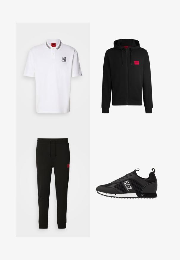 Sudadera negra con cremallera hecha de un tejido suave, con un parche rectangular rojo en el lado izquierdo del pecho y capucha con cordón.; Camisa polo blanca de algodón con una tapeta de dos botones, cuello a rayas grises y un logo bordado en negro en el lado izquierdo del pecho.; Pantalones de chándal negros hechos de tela suave, con cintura ajustable con cordón, corte slim y un parche de logo rojo en el muslo izquierdo.; EA7 Emporio Armani Zapatillas - black/white