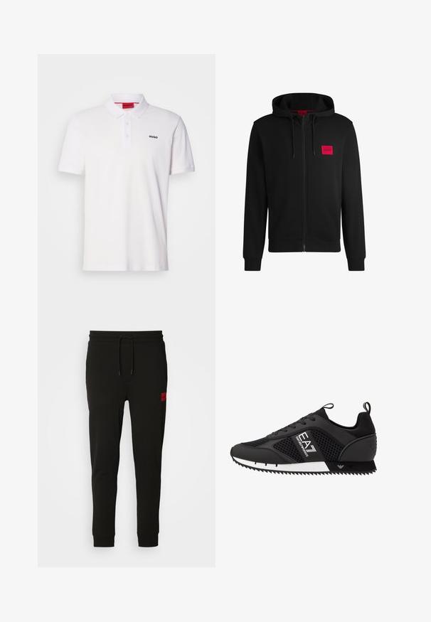 Černá zipová mikina vyrobená z měkké tkaniny, s červeným obdélníkovým logem na levé hrudi a kapucí na šňůrku.; Bílá polokošile s klasickým límcem, krátkými rukávy, tří knoflíkovou légou a černým logem 'HUGO' na levé hrudi. Hladká textilie.; Černé teplákové kalhoty vyrobené z měkké tkaniny, s elastickým pasem na šňůrku, úzkým střihem a červenou nášivkou loga na levém stehně.; EA7 Emporio Armani LACES UNISEX - Tenisky - black/white