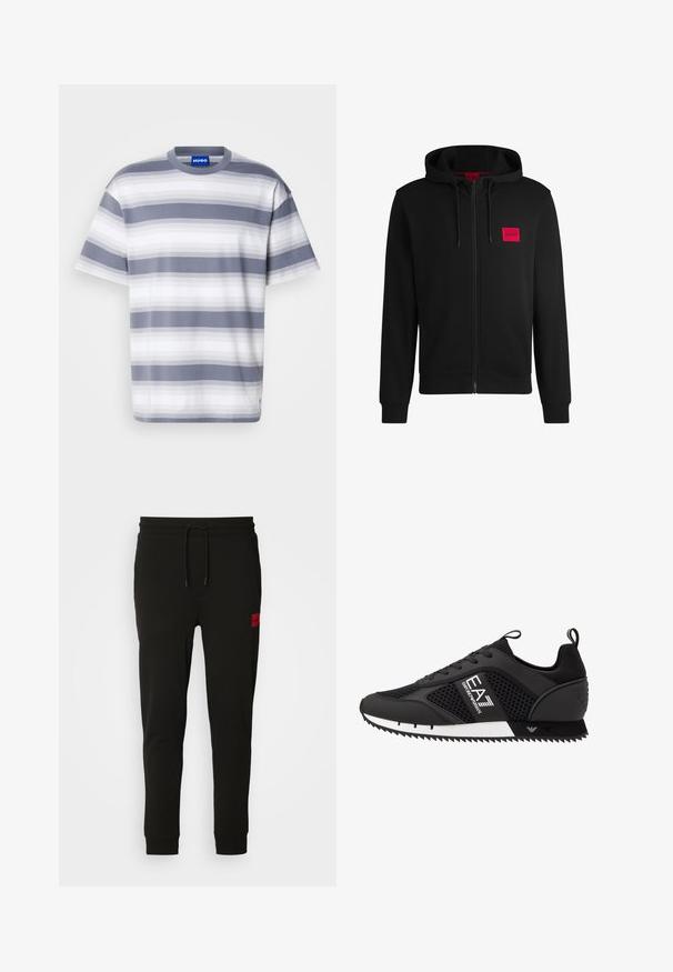 Črna zip-up kapuca iz mehkega blaga, z rdečim pravokotnim logotipom na levi strani prsnega koša in kapuco s vrvico.; Prugasta majica s kratkimi rokavi v sivi in beli barvi, izdelana iz mehkega bombaža. Ima krožni izrez in kratke rokave. Na tkanini je subtilen gradientni vzorec.; Črne trenirke iz mehkega blaga, z vrvico v pasu, ozkega kroja in rdečim logotipom na levem stegnu.; EA7 Emporio Armani Športni copati - black/white