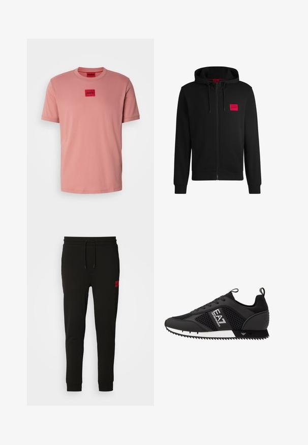 Črna zip-up kapuca iz mehkega blaga, z rdečim pravokotnim logotipom na levi strani prsnega koša in kapuco s vrvico.; Roza bombažna majica s kratkimi rokavi in okroglim ovratnikom, z dvobarvnim rdečim logotipom v obliki kvadrata na prsih. Gladek material, sproščen kroj.; Črne trenirke iz mehkega blaga, z vrvico v pasu, ozkega kroja in rdečim logotipom na levem stegnu.; EA7 Emporio Armani Športni copati - black/white