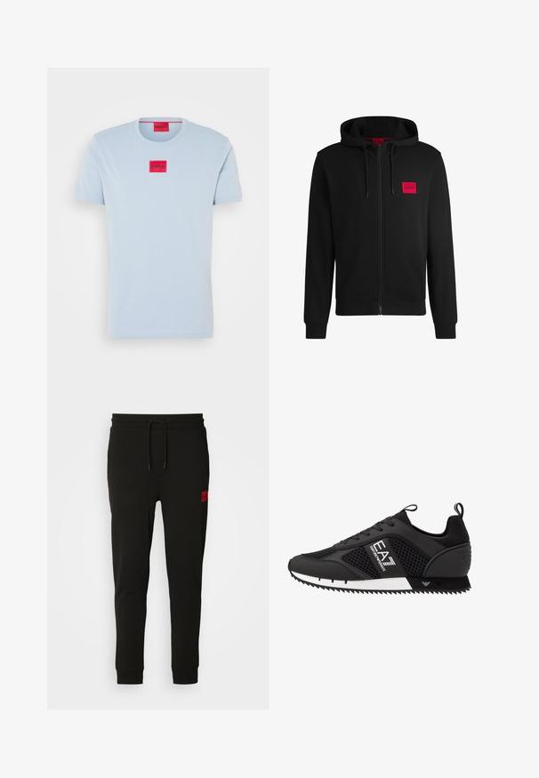 Hanorac negru cu fermoar, fabricat dintr-un material moale, cu un patch rectangular roșu pe pieptul stâng și glugă cu șnur.; Tricou din bumbac albastru deschis cu guler rotund. Prezintă un petic rectangular roșu cu "HUGO" scris cu alb. Mâneci scurte și textură netedă.; Pantaloni de trening negri, confecționați dintr-un material moale, cu talie ajustabilă prin șnur, croi slim și un logo roșu pe coapsa stângă.; EA7 Emporio Armani LACES UNISEX - Sneakers low - black/white