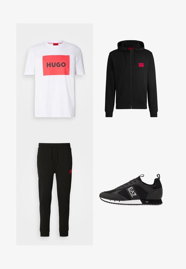 Mustapintainen vetoketjuhuppari, joka on valmistettu pehmeästä kankaasta. Vasemmassa rinnassa on punainen suorakulmainen logopatja ja siinä on kiristettävä huppu.; Valkoinen puuvillapaita, jossa on punainen suorakulmainen graafinen kuvio ja rohkea musta teksti "HUGO" keskellä. Lyhyet hihat, pyöreä kaula-aukko.; Mustat collegehousut, jotka on valmistettu pehmeästä kankaasta, jossa on nyörikiinnitys vyötäröllä, slim fit -malli ja punainen logopatchi vasemmassa reidessä.; EA7 Emporio Armani Matalavartiset tennarit - black/white