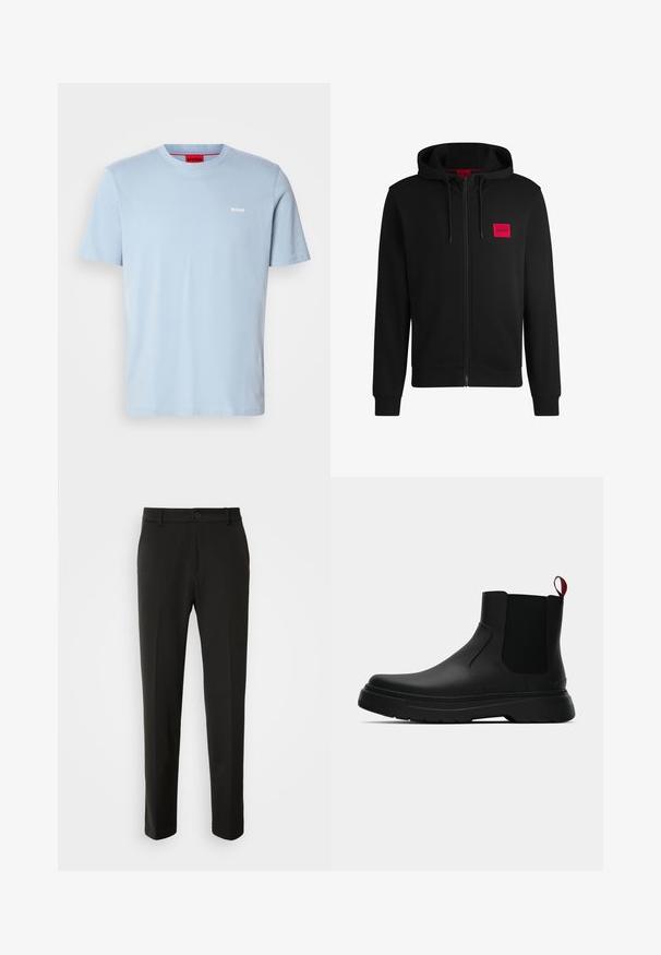 Černá zipová mikina vyrobená z měkké tkaniny, s červeným obdélníkovým logem na levé hrudi a kapucí na šňůrku.; Svetle modré bavlněné tričko s kulatým výstřihem a krátkými rukávy. Na hrudi je bílé logo "HUGO" a červená vnitřní cedulka.; Černé kalhoty vyrobené z hladkého materiálu, s rovnými nohavicemi, zapínáním na knoflík a klasickým designem vhodným pro formální i neformální nošení.; Černé kotníkové boty s hladkým povrchem, elastickými bočními panely a kontrastním červeným poutkem, s tlustou gumovou podrážkou a zaoblenou špičkou.
