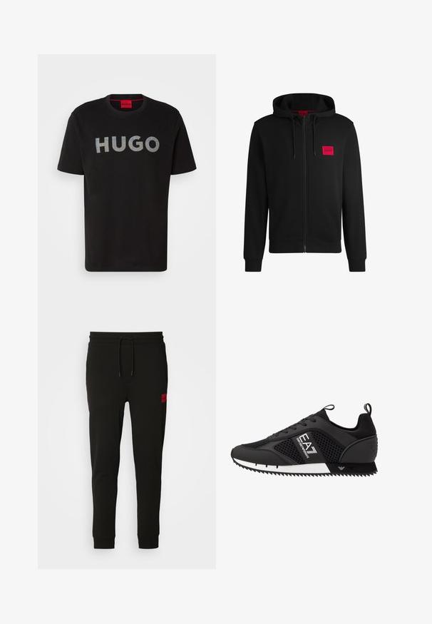 Melnā pieguļošā jaka ar rāvējslēdzēju, izgatavota no mīksta auduma, ar sarkanu taisnstūra formas logo uz kreisā krūtīm un regulējamu kapuci.; Melna kokvilnas t-krekls ar ievērojamu "HUGO" logotipu, kas ir pārbaudītā rakstā uzkrāsots krūtīs. Apaļš kakla izgriezums, īsas piedurknes.; Melni sporta bikses, kas izgatavotas no mīksta auduma, ar regulējamu jostasvietu, šauru piegriezumu un sarkanu logo uz kreisā augšstilba.; EA7 Emporio Armani Treniņu apavi - black/white